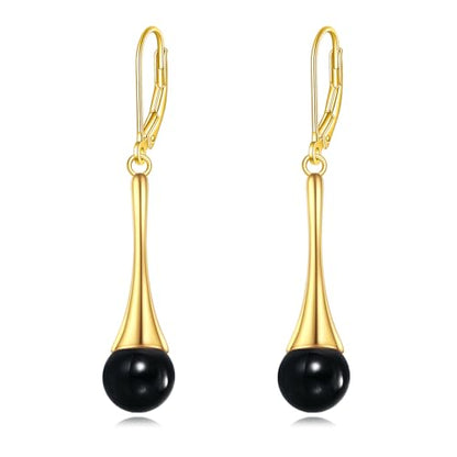 Sterling Silver Black Onyx Earrings for Women 18K Yellow Gold Plated Jewelry Gifts - style: Dangle with Ball Bead