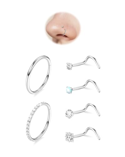 davka Nose Ring Set, 18G Hinged Hoop 8mm & 20G Nose Studs, Stainless Steel & Gold Plated, Hypoallergenic, Multiple Styles Nose Piercing Jewelry - color: Silver/CZ hoop/18g 8mm hoops/Corkscrew studs