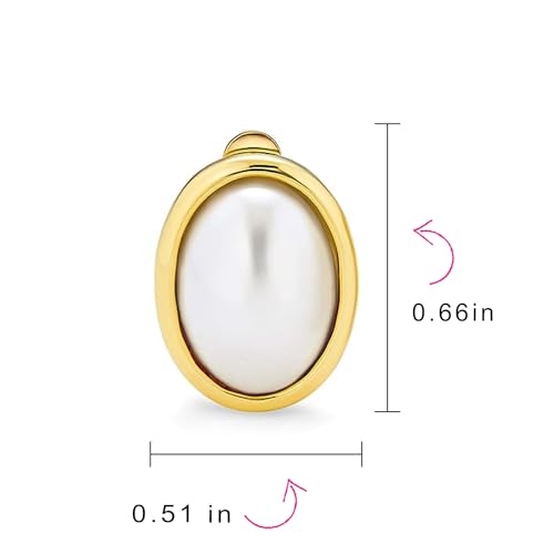 Classic Faux White Pearl Cabochon Bezel Oval Clip On Earrings For Women For Non Pierced Ears 14K Yellow Gold Plated