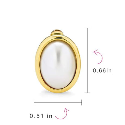 Classic Faux White Pearl Cabochon Bezel Oval Clip On Earrings For Women For Non Pierced Ears 14K Yellow Gold Plated