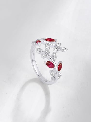 Silver Leaf Ring for Women 925 Sterling Silver Yellow Gold Plated CZ Inlaid Marquise Sapphire/Ruby/Emerald Cocktail Rings Size 6 to 10 - color: Ruby - Silver