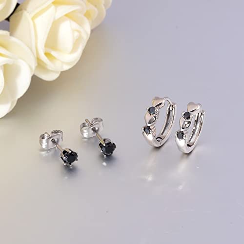CiNily 14K White Gold Plated Small Hoop Earrings for Women Girls Heart Cubic Zirconia Hypoallergenic Earrings - color: Studs set-silver-black
