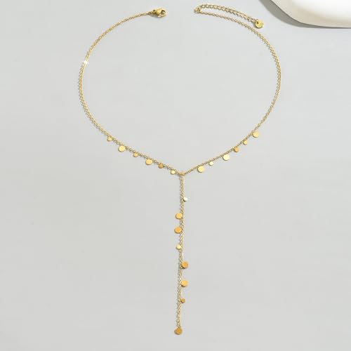 18K Gold Plated Minimalist Drop Y-Shaped Necklace for Women | Simple Lariat Necklace, Minimalist Everyday Jewelry,Y-Shaped Necklace - style: Y Coin Dangle-Gold