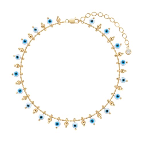 Gold Anklets for Women 14K Gold Plated Tiny Bead Anklet Colorful Tassel Foot Chain Dainty Adjustable Cute Summer Beach Boho Anklets Jewelry Gift - color: blue evil eye