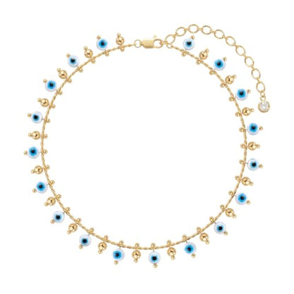Gold Anklets for Women 14K Gold Plated Tiny Bead Anklet Colorful Tassel Foot Chain Dainty Adjustable Cute Summer Beach Boho Anklets Jewelry Gift - color: blue evil eye