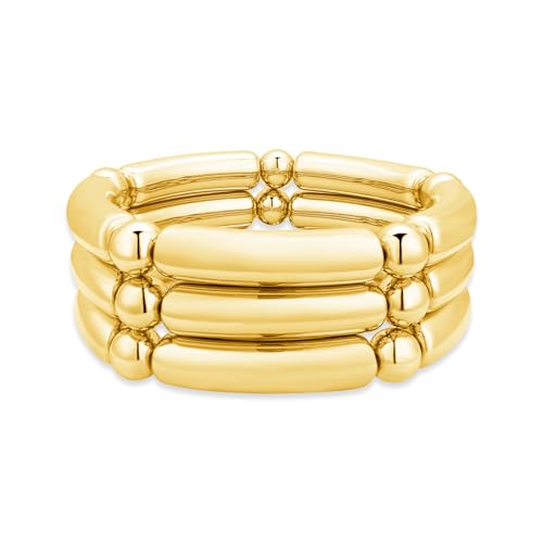 YBMYCM 5PCS Gold Chunky Bangles Bracelets for Women | 14k Gold Plated Stackable Layered Curved Bamboo Tube Stretch Bracelets Bangle Gift Jewelry - color: 3pcs G-8mm