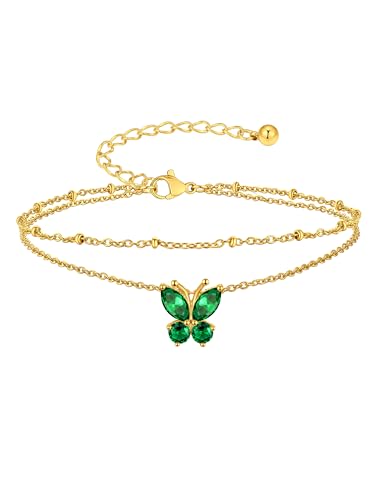 Suplight Gold Plated Butterfly Anklets for Women Waterproof, Layered Boho Ankle Bracelet with Birthstone, Stainless Steel Adjustable Non-Tarnish Heart Foot Jewelry Beach Vacation - color: 05. Butterfly-May. Emerald