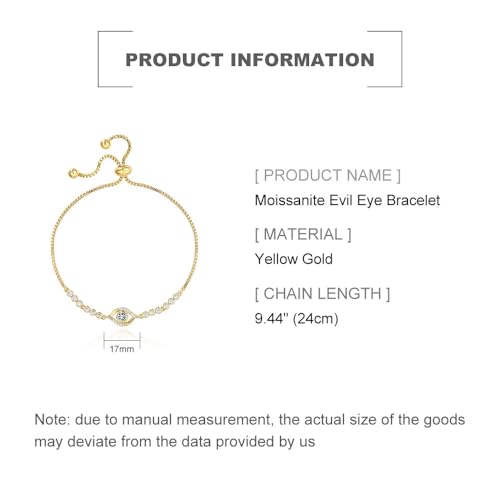 Solid 14K Gold Over 925 Silver Moissanite Evil Eye Bracelet for Women,Dainty Round Cut Moissanite Devil’s Eye Chain Bracelet,Lucky Jewelry Gift for Her,Adjustable 8" to 9" - color: Yellow Gold
