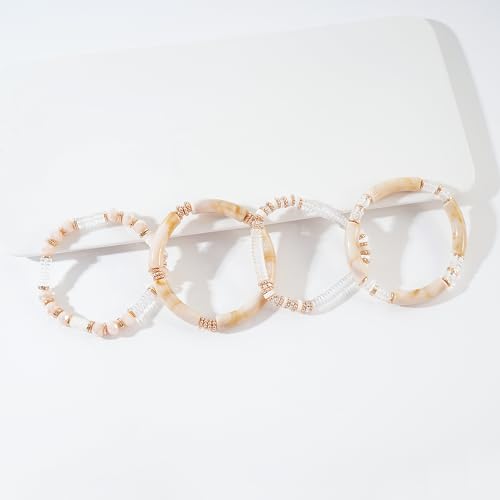 LALAPPLE Gold Plated Beaded Acrylic Bamboo Tube Bangle Bracelets for Women, Colorful Chunky Curved Tube With Gold Plated Pieces Beads Stretch Bracelet Friendship Summer Beach Jewelry - color: X-Beige Set
