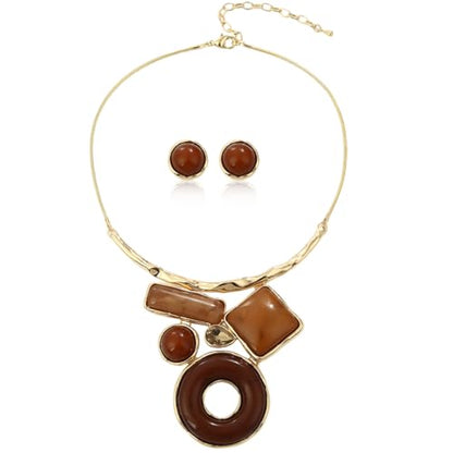 Vintage Statement Jewelry Set - Chunky Flower Floral Plant Geometric Resin Bib Necklace Earring Set Bohemian Boho Crystal Rhinestone Fashion Jewelry for Women Bridal Party Prom Unique Gift - style: MLJS2613-Brown