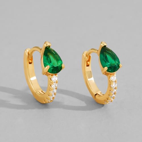 Dremmy Studios Dainty CZ Huggie Hoop Earrings 14K Gold Plated Chunky Simple Cute Thick Round Frill Bead Ball Starburst Cuff Earrings Cubic Zirconia Hoop Earrings Minimalist Personalized Gift for Her - color: A-CZ Emerald