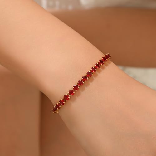 18K Gold Plated Tennis Bracelets for Women, Adjustable Cubic Zirconia Bracelet with Multi-color 4mm CZ Diamond Paperclip Chain, Dainty Trendy Birthday Bridal Jewelry Gifts for Women Daily Party Wear - color: Red