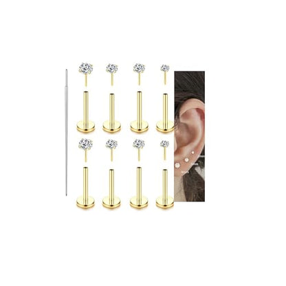 Incaton 18G Threadless Flat Back Stud Earrings For Women Men, 316L Surgical Steel Hypoallergenic Push in Nose Studs CZ Nose Nostril Tragus Helix Labret Studs Lip Rings Piercing Jewelry - color: GOLD