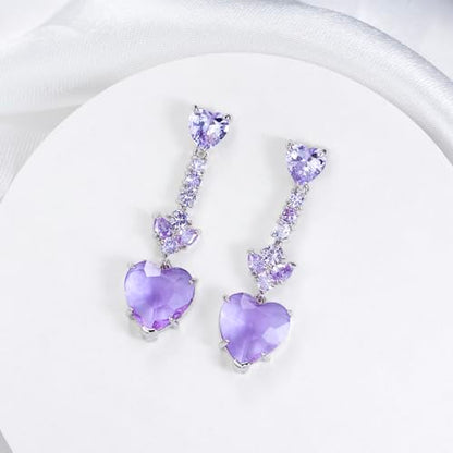 Crystal Heart Teardrop Dangle Earrings for Women Hypoallergenic Multicolor Cubic Zirconia Drop Earrings for Wedding Prom Party Daily Wear - color: Purple Heart