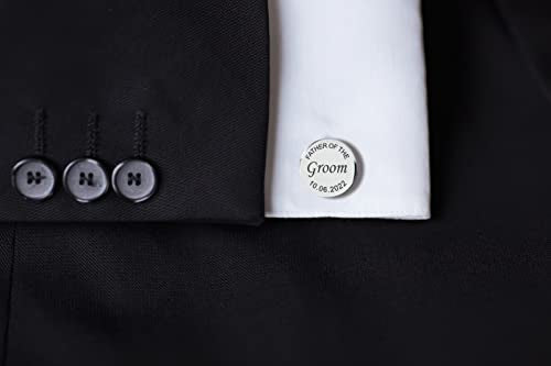 Custom engraved cufflinks for men, personalized wedding gift for groom, father of the bride & groom dad, best men, customized gold & silver cufflinks with dates, quotes or couples initials from bride - style: "Father of" & date