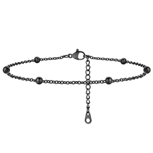 ChainsHouse Ankle Bracelets for Women, Stainless Steel Beaded Chain Ankle Bracelet, Womens Heart Anklets for Summer Beach Jewelry Gifts - color: K: bead-3.5mm-black