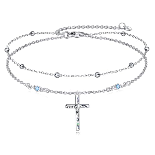 LUHE Cross Ankle Bracelets Sterling Silver Religius Double Chain Anklets Christian Baptism Layered Anklet Jewelry Gifts for Women - style: Luxury cross anklet