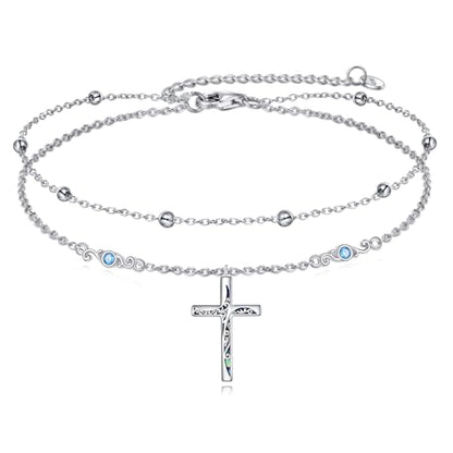 LUHE Cross Ankle Bracelets Sterling Silver Religius Double Chain Anklets Christian Baptism Layered Anklet Jewelry Gifts for Women - style: Luxury cross anklet