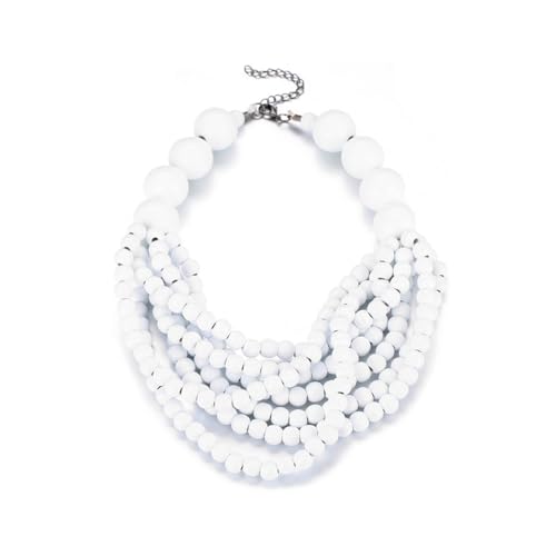 COLORFUL BLING Boho African Wooden Beaded Strands Necklace Ethnic Layered Chunky Collar Choker Wood Necklace for Women Hip Hop Statement Jewelry - color: white
