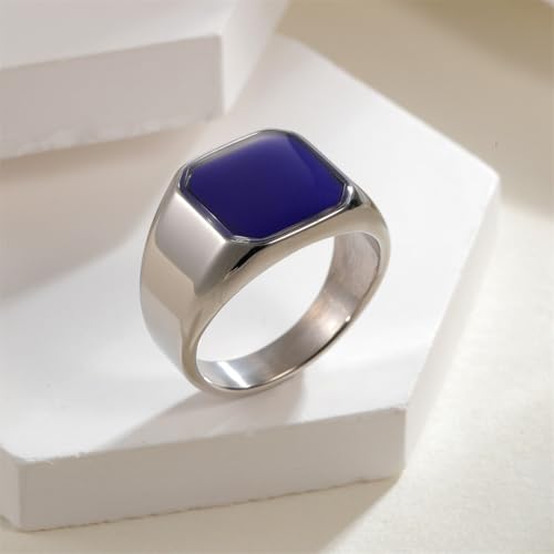 PAURO Unisex Stainless Steel Minimalist Square Enamel Signet Ring Plated Glossy Wedding Band - color: Silver Blue