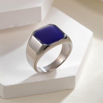PAURO Unisex Stainless Steel Minimalist Square Enamel Signet Ring Plated Glossy Wedding Band - color: Silver Blue
