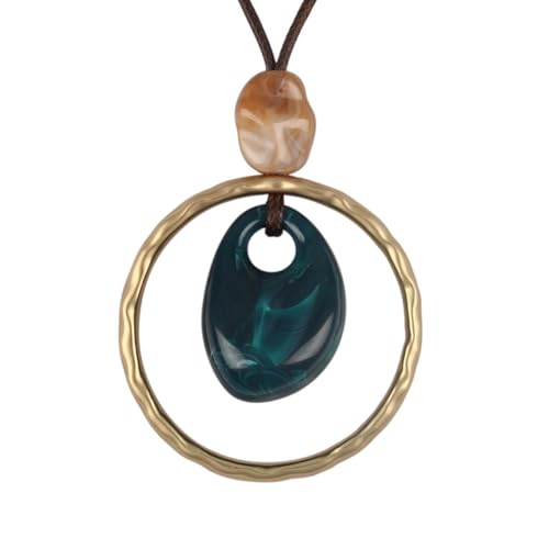 Jeilwiy Chunky Necklaces for Women Leather Cord Necklace with Pendant Boho Long Sweater Necklace Vintage Jewelry - style: Big Circle&Green Stone