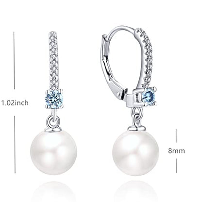 JO WISDOM 925 Sterling Silver Freshwater Pearl Hoop Earrings with Dangle Real Pearl,Simulated Pearls - color: B-8mm white pearl,aquamarine color