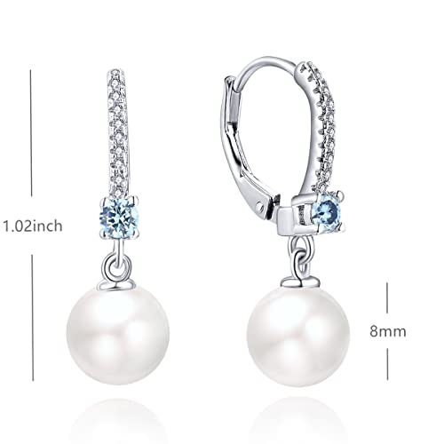 JO WISDOM 925 Sterling Silver Freshwater Pearl Hoop Earrings with Dangle Real Pearl,Simulated Pearls - color: B-8mm white pearl,aquamarine color