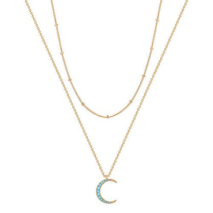 MEVECCO Dainty Pendant Layered Necklaces for Women | 18K Gold Plated Brass, 2-Piece Set With A Choker-Length Upper Layer, Wear Together Or Separately, Refined Everyday Style - style: layered turquoise crescent