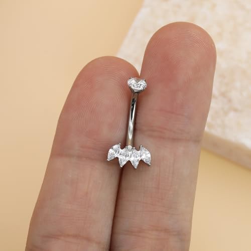 XUU Titanium Belly Button Rings 14G, Implant-Grade Navel Piercing, Luxury CZ Shape with Flower Butterfly, Hypoallergenic Curved Barbell Jewelry for Women, Gold or Silver - style: Marquise-Silver