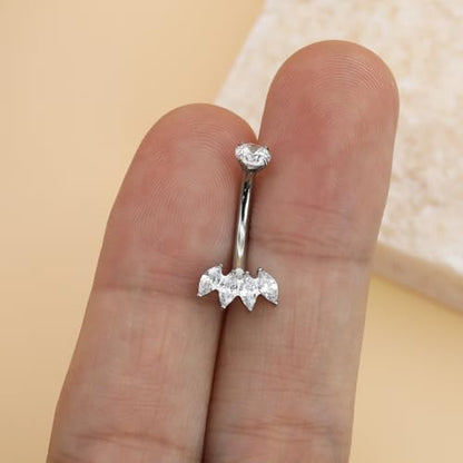 XUU Titanium Belly Button Rings 14G, Implant-Grade Navel Piercing, Luxury CZ Shape with Flower Butterfly, Hypoallergenic Curved Barbell Jewelry for Women, Gold or Silver - style: Marquise-Silver