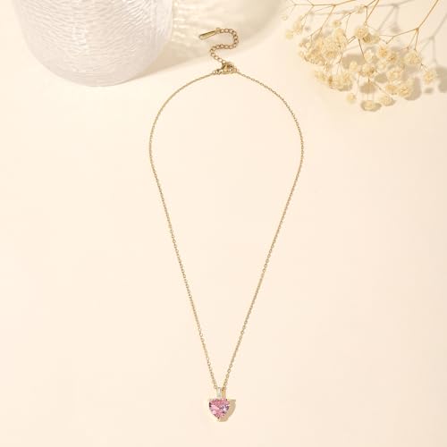 Heart Birthstone Necklace for Women, 14K Gold Plated Birthstone Pendant Necklace Cubic Zirconia Diamond Necklace Dainty Gold Necklace Birthday Gifts for Women Girls - color: 10. October(Pink Tourmaline)