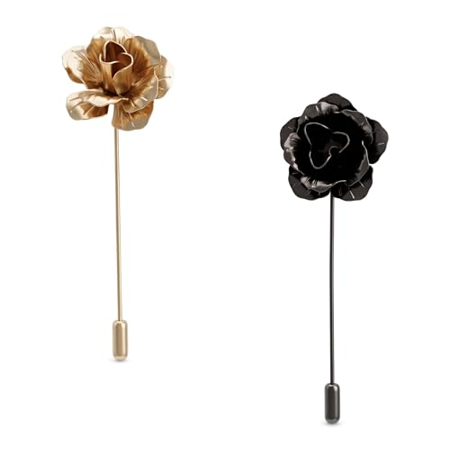 2Pcs Suite Flower Pin Flower Lapel Pin for Men Rose Pins for Suits Silver and Gold Lapels Set Metal Suit Accessory Men's Fashion Brooch Formal Wedding Tuxedo Pins for Men's