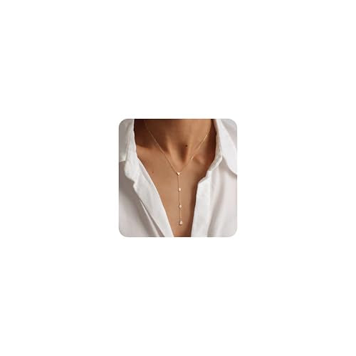 Lariat Necklace for Women, Dainty 14K Gold/Silver Plated Long Necklaces for Women Trendy Simple Layered Y-Shaped Pendant Necklace Adjustable Fashion Jewelry Gift - color: Gold, style: Four CZ Pendant