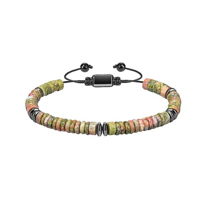 Natural Stone Beaded Bracelet for Men Women Boho Adjustable - color: Unakite
