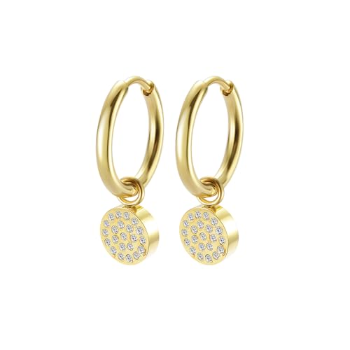 Women's Huggie Hoop Earrings with Small Cute Charm - style: Gold Full Moon CZ