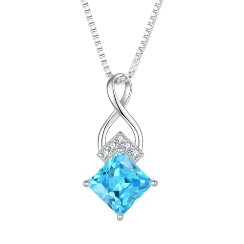 Infinity Necklace 925 Sterling Silver Princess Cut Pendant Birthstone Jewelry for Women - color: Sea Blue