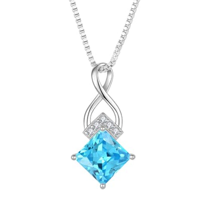 Infinity Necklace 925 Sterling Silver Princess Cut Pendant Birthstone Jewelry for Women - color: Sea Blue