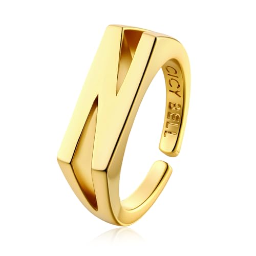 Cicy Bell Initial Rings for Women 18k Gold Plated Adjustable Rings | Open Signet Rings, Bold Letter, Personalized Engraved, For Party - color: Initial-N