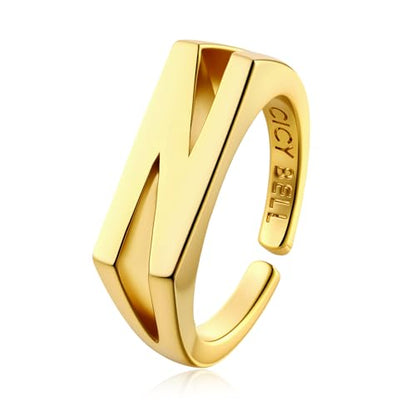 Cicy Bell Initial Rings for Women 18k Gold Plated Adjustable Rings | Open Signet Rings, Bold Letter, Personalized Engraved, For Party - color: Initial-N