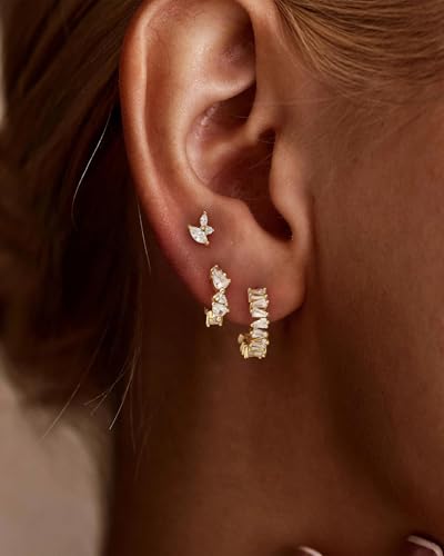 3 Pairs Earring Stacks, Gold Earring Set Jewelry Gift for Women | Small, 14K Gold/White Gold/Black/Rose Gold Plated, Hypoallergenic, Her, Everday, Stackable, Simple, 3 Holes - color: Gold-Geometric