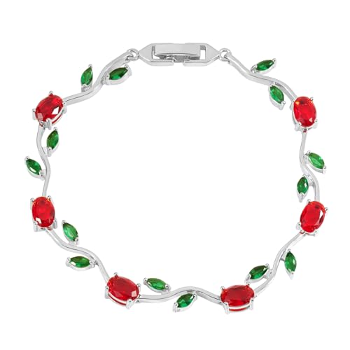 Tulip Flower Bracelet for Women 14K Gold Plated Stainless Steel with Colorful Cubic Zircon Dainty Cute Pink Rose Floral Jewelry Gift for Her Crystal Flower Leaf Bracelets -7.5inch/190mm - color: Red Green White Gold
