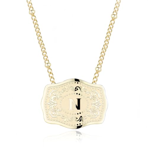 14K Gold-Plated Initial Necklace for Women, Western Belt Buckle Letter Pendant, Alphabet Necklace Includes 2 Chains, Cowgirl Jewelry Gift - color: N