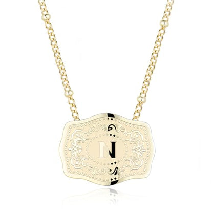 14K Gold-Plated Initial Necklace for Women, Western Belt Buckle Letter Pendant, Alphabet Necklace Includes 2 Chains, Cowgirl Jewelry Gift - color: N