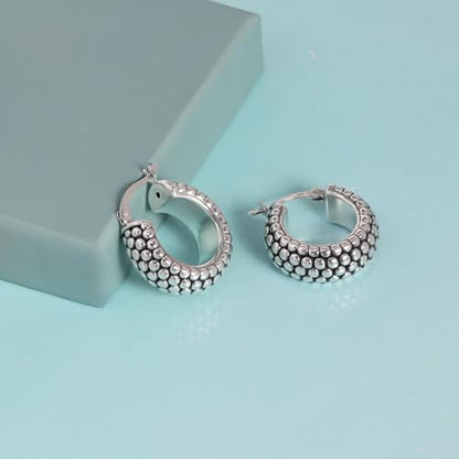 LeCalla 925 Sterling Silver Bali-Style Hoop Earrings Lightweight Click-Top Antique Two-Tone Beaded Italian Bali Style Earring Hoops for Women - style: Chunky Round Beaded