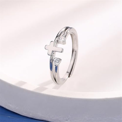 Hebelee Cubic Zirconia Cross Ring for Women Silver Plated Clear CZ Layered Adjustable Stackable Wrap Finger Rings Comfort Fit Minimalist Faith Engagement Jewelry