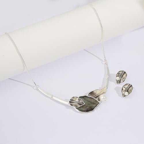 Chunky Statement Jewelry Set Blue Ocean Seashell Choker Necklaces Earrings Set for Women Pearl Bib Collar Necklaces for Party Prom Pageant Summer Fashion Jewelry Unique Birthday Gift - style: leaf abalone shell pearl silver grey