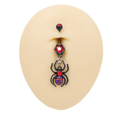 14G Black Spider Dangle Belly Button Ring for Women Rhinestone Crystal with Gothic Dangling Spider Belly Navel Rings Halloween Body Piercing Jewelry - color: Red