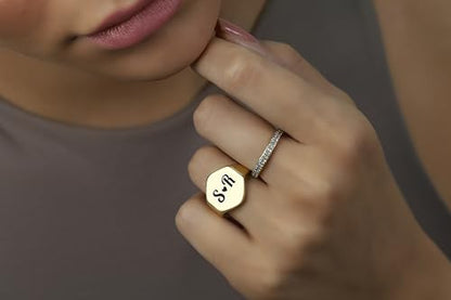Custom Gold Signet Ring with Couples' Initials - Hexagon Shaped Anniversary Personalized Engraved Jewelry