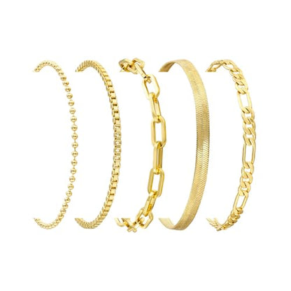 Gold Bracelets Set for Women, Dainty Stackable Layered Bracelet | 14K Gold Plated Adjustable Waterproof Non-Tarnish Paperclip & Curb Link Chain Jewelry Sets Gifts - color: Gold